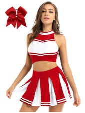 Womens Adult Crop Top Cheerleading Costume Mini Pleated Skirt Bowknot Headwear.