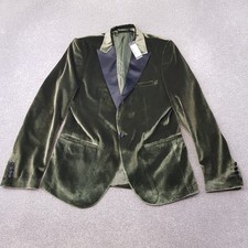 Boohoo Mens Jacket 40 Green Velvet Tuxedo Smoking Blazer Satin Peak Lapel Dinner