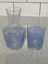 CLEAR GLASS BEDTIME BEDSIDE CARAFE & TUMBLER SET WITH BLUE SPECKLED DESIGN