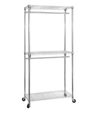 3 Tier Chrome Wire Shelving Clothes Rack with Heavy-Duty Wheels - Adjustable UK