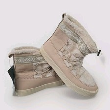 Snow Boots Toms Alpine Short Pink Leather Sz 7.5 Shearling Fleece Ethnic Toggle