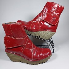 Fly London Yeddo Wedge Red Patent Leather Style Comfort Boots Womens Size 5 