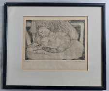 Charming Vintage Cat Engraving - Framed Ready to Hang - Signed - Artist's Proof