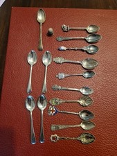 10 Commemorative Tea Spoons, 5 Silver Teaspoons, 1 Silver Thimble
