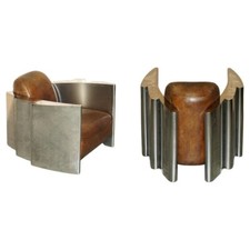 RARE STUNNING HERITAGE BROWN LEATHER POLISHED ALUMINIUM AVIATOR LOUNGE ARMCHAIR