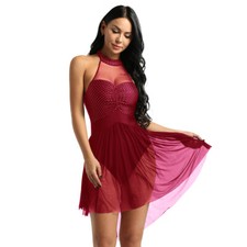 Women's Adult Leotard Dance Dress See-through Mesh Shiny Figure Skating Skirted 