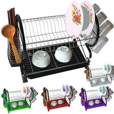NEW 2 TIER CHROME PLATE DISH CUTLERY CUP DRAINER RACK DRIP TRAY PLATES HOLDER