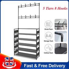 Coat and Hat Stand 8 Hooks Metal Shoe Rack 4 Tiers Shelf Hanger Black Household