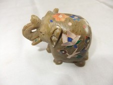 Vintage Inlaid MOP & Semi Precious Stones  Green Marble Elephant Figurine 5x6cm