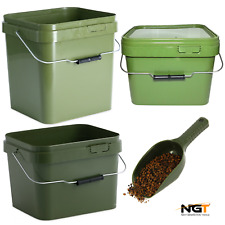 CARP FISHING SQUARE GREEN BAIT BUCKETS + LID 5L , 10L , 17L / NGT BAITING SPOON