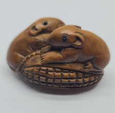Vintage Hand Carved Boxwood Wooden Mice On Corn Netsuke