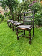 Set of four antique oak ladder back leather seat dining chairs 