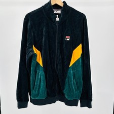 Vintage 90s Fila Velour Black Yellow Green Colorblock Jamaica Track Jacket