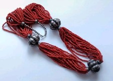 Vintage Style Glass Faux Coral Seed Bead Beaded Multi Strand Necklace Metal