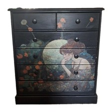 Black Decoupage Moon Scene 6 Drawer Wooden Chest Of Drawers