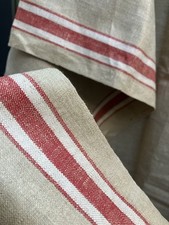 Antique Early 1900s / 1910s French Linen Woven Stripe Fabric Cloth / Tablecloth
