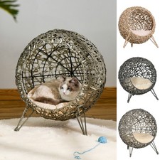 Wicker Cat House, Rattan Elevated Cat Bed w/ Cushion