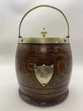 Joseph Horne Co. Vintage Porcelain Lined Oak Barrel Cookie Jar with Silver Lid