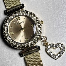 Womens girls Wrist Watch heart charm Face surround crystals strap golden buckle 