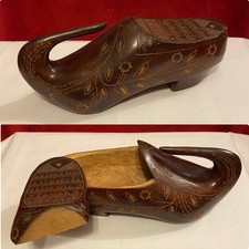 Antique Hand-Carved Wooden Dutch Shoe Snuff Box w/ Lid, Floral Carvings & Text