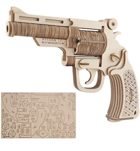 Wooden revolver gun puzzle - 3d,