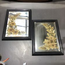 Pair Of Antique Vintage Hand Painted Floral Black Lacquered Framed Mirrors
