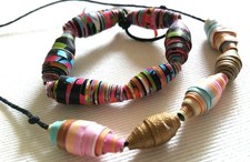 Unworn Vintage Quilled Gold Pink Orange Black Bead Adjustable Necklace Bracelet