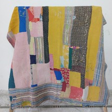 Vintage Kantha Patchwork Quilt Fine Hand Stitch Bohemian Bedspread Blanket
