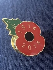 Poppy Gold tone & red/green Enamel Flower & Leaf Commemorative Badge 1914-2014