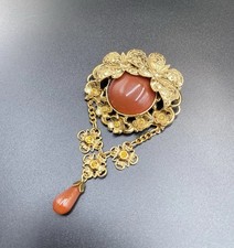Butterflies And Flowers Brooch With A Brown Stone Center Vintage