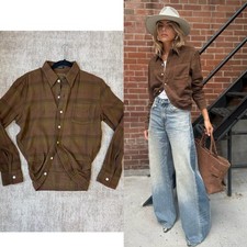£635 R13 Brown Plaid Wrap Around Japanese Cotton Long Sleeve Shirt Top XS
