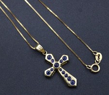 .585 14ct YELLOW GOLD Blue SAPPHIRE 18" Box Chain Cross Necklace, 3.21g - G03
