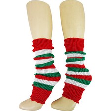 Womens Ladies Festive Christmas Leg Warmers Fancy Dress Elf Striped red green 