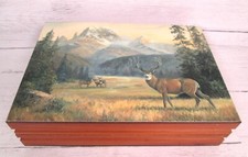 Vintage Deer Buck Mountain Landscape Picture Decorative Wood Box Trinket Dresser