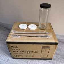 Glass Tall Juice Bottles (PAKSH) - 475ml /16oz Black Lids  - 12 Bottles (NOS)