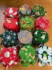 Christmas Fabric Jam Jar Covers x 12,string &  bands, ideal for sweetiegift jar