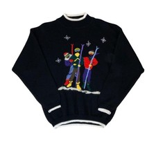 VTG 90s DOES 80s RETRO BLACK SKI GRAPHIC EMBROIDERED PULL-OVER JUMPER MEDIUM
