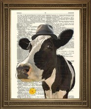COW PRINT: Black and White Friesian 'Pink Floyd' Cow Art on Old Dictionary Page