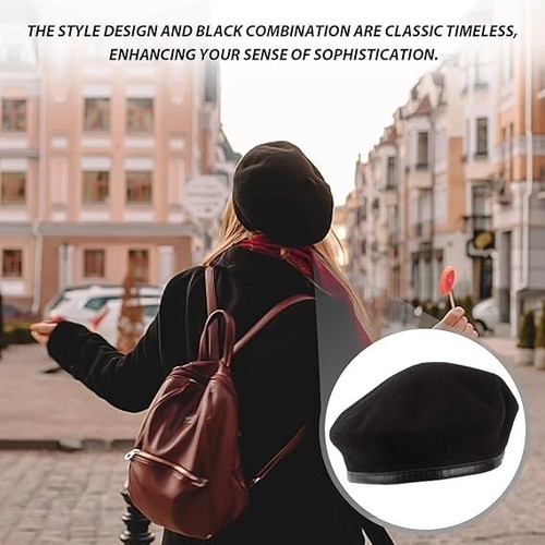Black beret wool leather - beret,