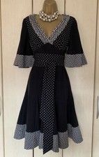 Karen Millen 10 UK Vintage 50's Audrey Black Polka SILK  Fit Flare Dress