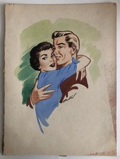 Original Mid-Century Illustration of Embracing Couple Signed M. Boulton