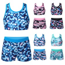 UK Girls Swimming Costume Two-Piece Athletic Bikinis Tankini Sport Swimwear Set