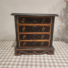 Antique Painted Wooden Box Indian Jewellery Chest 4 Drawer Black Floral Folk Art