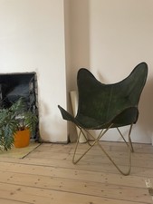 Green Leather Butterfly Arm Chair With Metal Frame Living Room