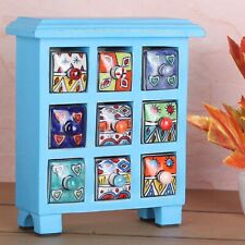 Handpainted Ceramic 9 Drawers Chest Blue coloured Wood Jewellery Spices Trinkets