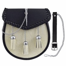 Leather Sporran Pin Drop Sporran 3 Tassels White Calf Skin Semi Dress Sporran