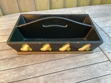 Vintage Wooden Handpainted Cutlery Tray Holder Carrier 35x22x13cm Black Veg Dec
