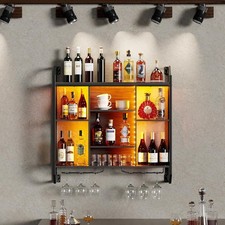 Wall Mounted LED Wine Rack Bar Shelf with Glass Holder Modern Metal Display