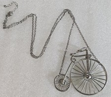 Vintage Old Fashioned Velocipede Bicycle Bike Silver Tone Pendant Necklace