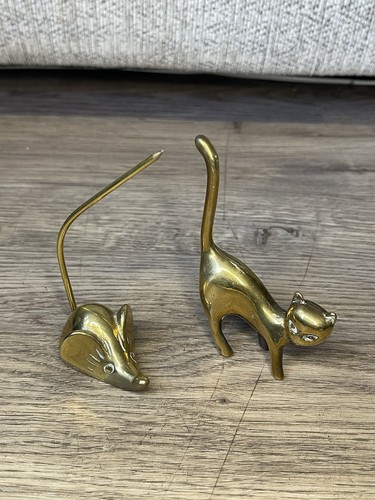 Vintage brass cat and mouse - brass,